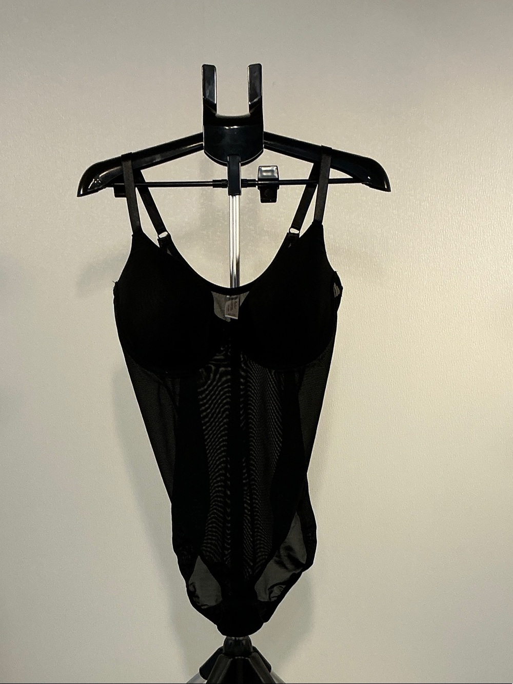 Delta Burke Black Mesh Bodysuit with Built-In Cups